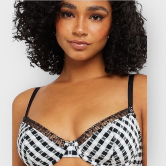 Savage X Fenty Gingham Remix Unlined Plunge Bra | 32B Black White Sexy Lingerie - Picture 3 of 8